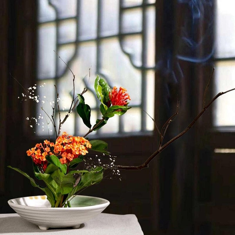 Eggone Japanese Ikebana Vase Kit, Flower Shallow Container Ceramics Ikebana Vase with 1.57inch Flower Frog Floristry Kenzan and Floral Frog Needle Straightening Tool (White and Green Bowl) - Image 3